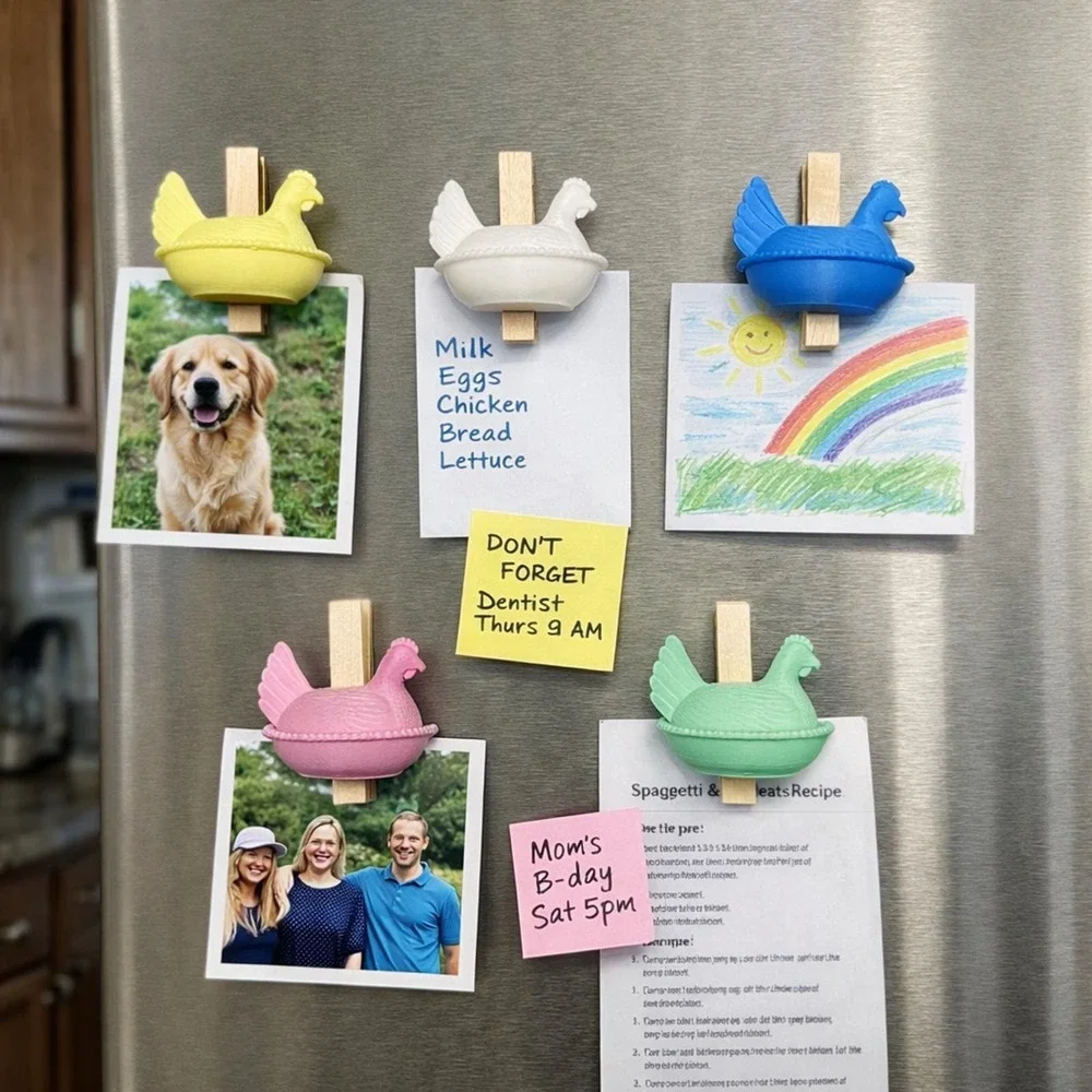 Set of 5 Farmhouse Hen Chicken HON Magnet Photo Chip Clips 3D Printed Clothespin
